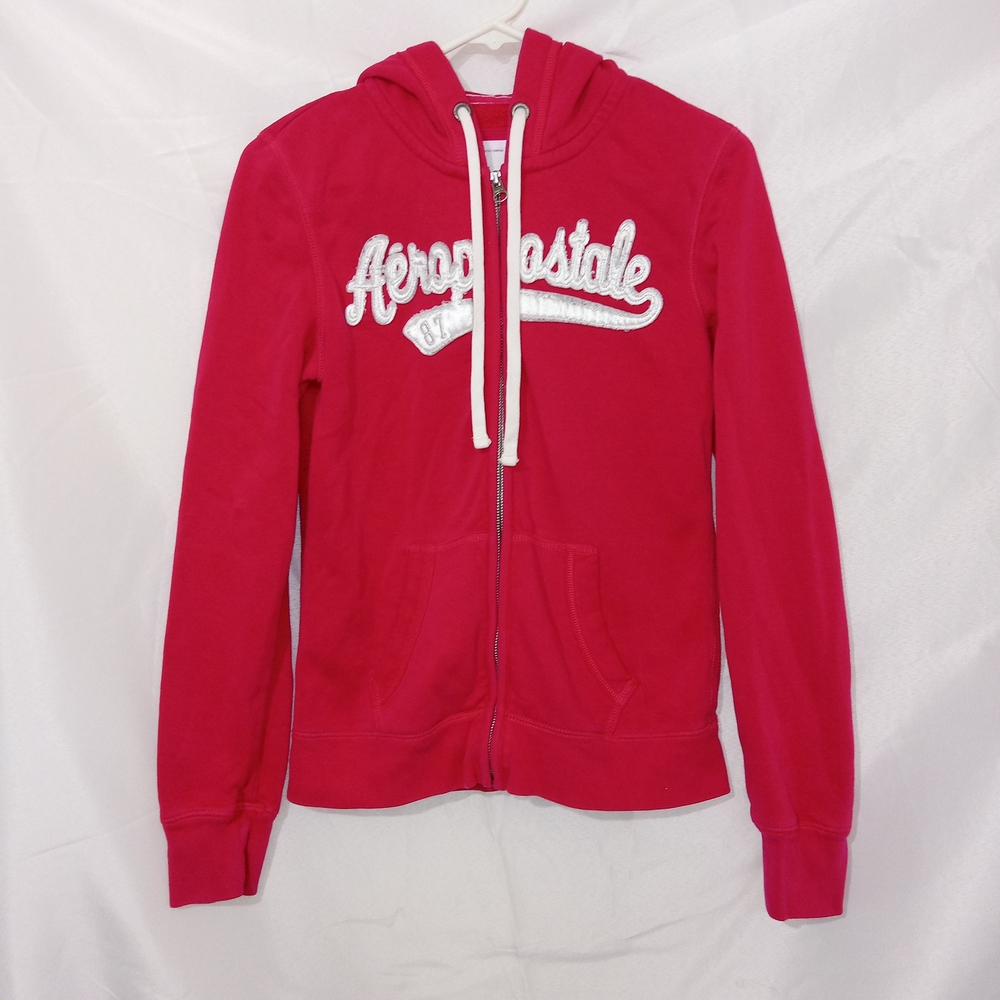 AEROPOSTALE Y2K Women Hoodie Zip Up Hot Pink Appliqué Sweatshirt Jacket Medium